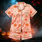CUZIBR Girls Halloween Pajamas Sets Soft Comfortable Ghost Pumpkin Lapel Button Short Sleeve Shirt Elastic Waist Shorts 2 Pieces Sleep Loungewear Relaxed Sleepwear Outfits, Orange-C