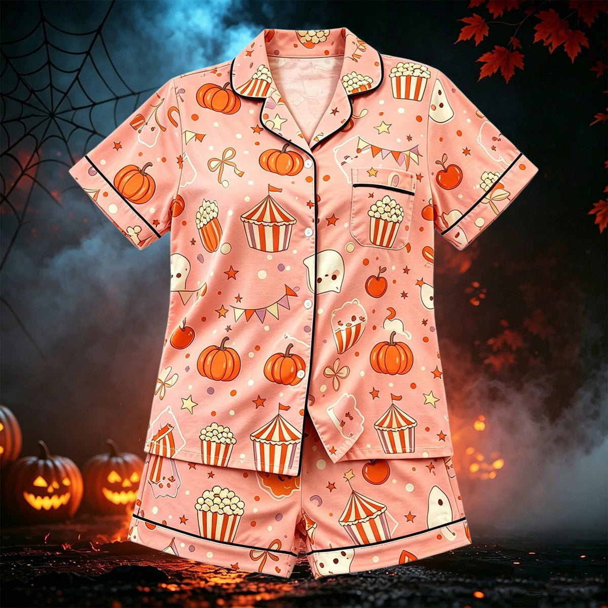 CUZIBR Girls Halloween Pajamas Sets Soft Comfortable Ghost Pumpkin Lapel Button Short Sleeve Shirt Elastic Waist Shorts 2 Pieces Sleep Loungewear Relaxed Sleepwear Outfits, Orange-C