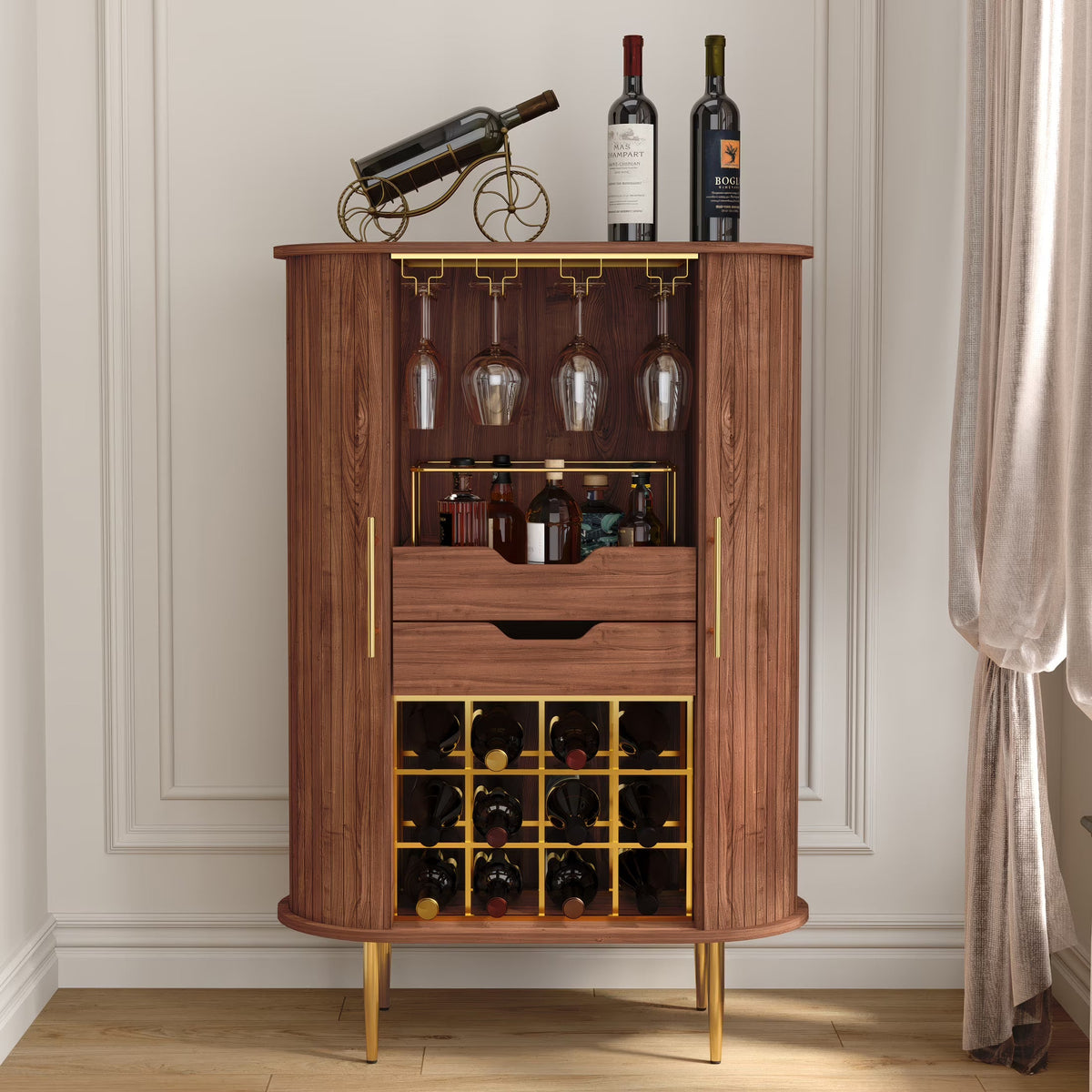 HLR Coffee Bar Cabinet With Tambour Door, 12-Bottle Wine Rack, 12-Glass Holder, Brown