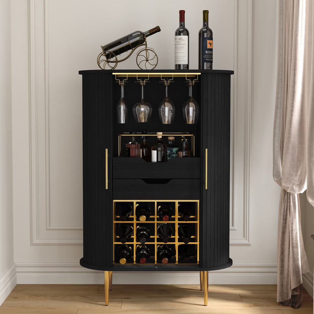 HLR Coffee Bar Cabinet With Tambour Door, 12-Bottle Wine Rack, 12-Glass Holder, Brown