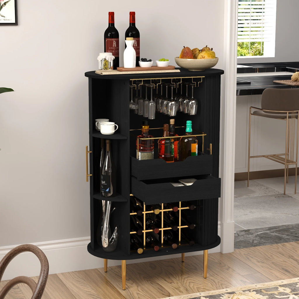 HLR Coffee Bar Cabinet With Tambour Door, 12-Bottle Wine Rack, 12-Glass Holder, Brown