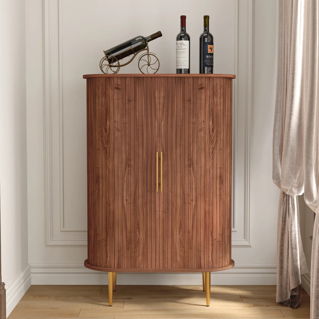 HLR Coffee Bar Cabinet With Tambour Door, 12-Bottle Wine Rack, 12-Glass Holder, Brown