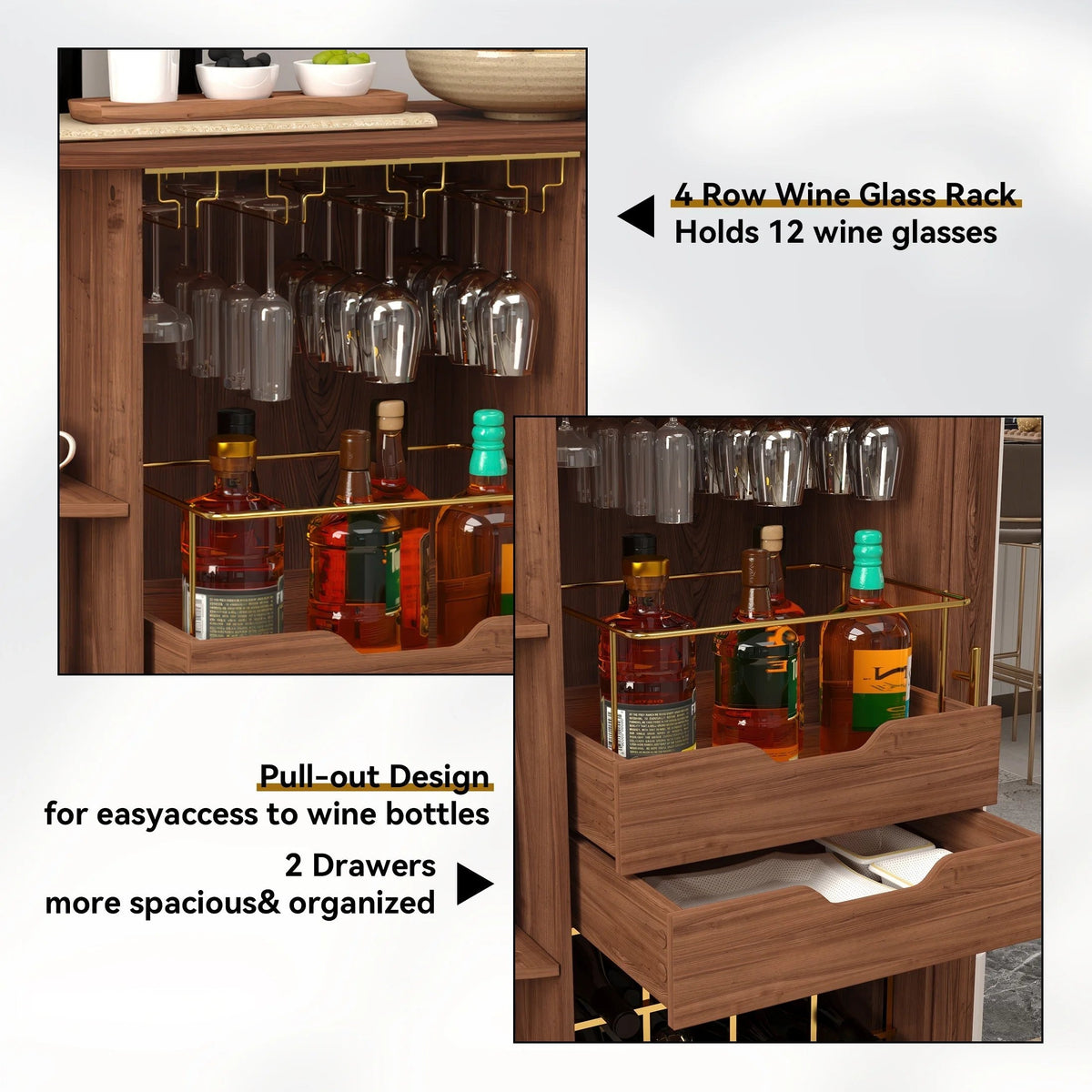 HLR Coffee Bar Cabinet With Tambour Door, 12-Bottle Wine Rack, 12-Glass Holder, Brown