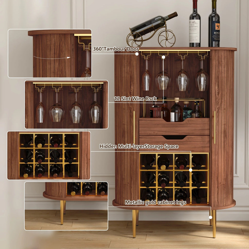 HLR Coffee Bar Cabinet With Tambour Door, 12-Bottle Wine Rack, 12-Glass Holder, Brown