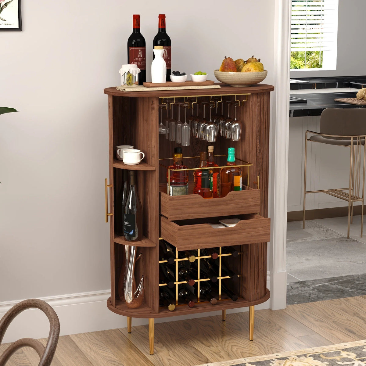 HLR Coffee Bar Cabinet With Tambour Door, 12-Bottle Wine Rack, 12-Glass Holder, Brown