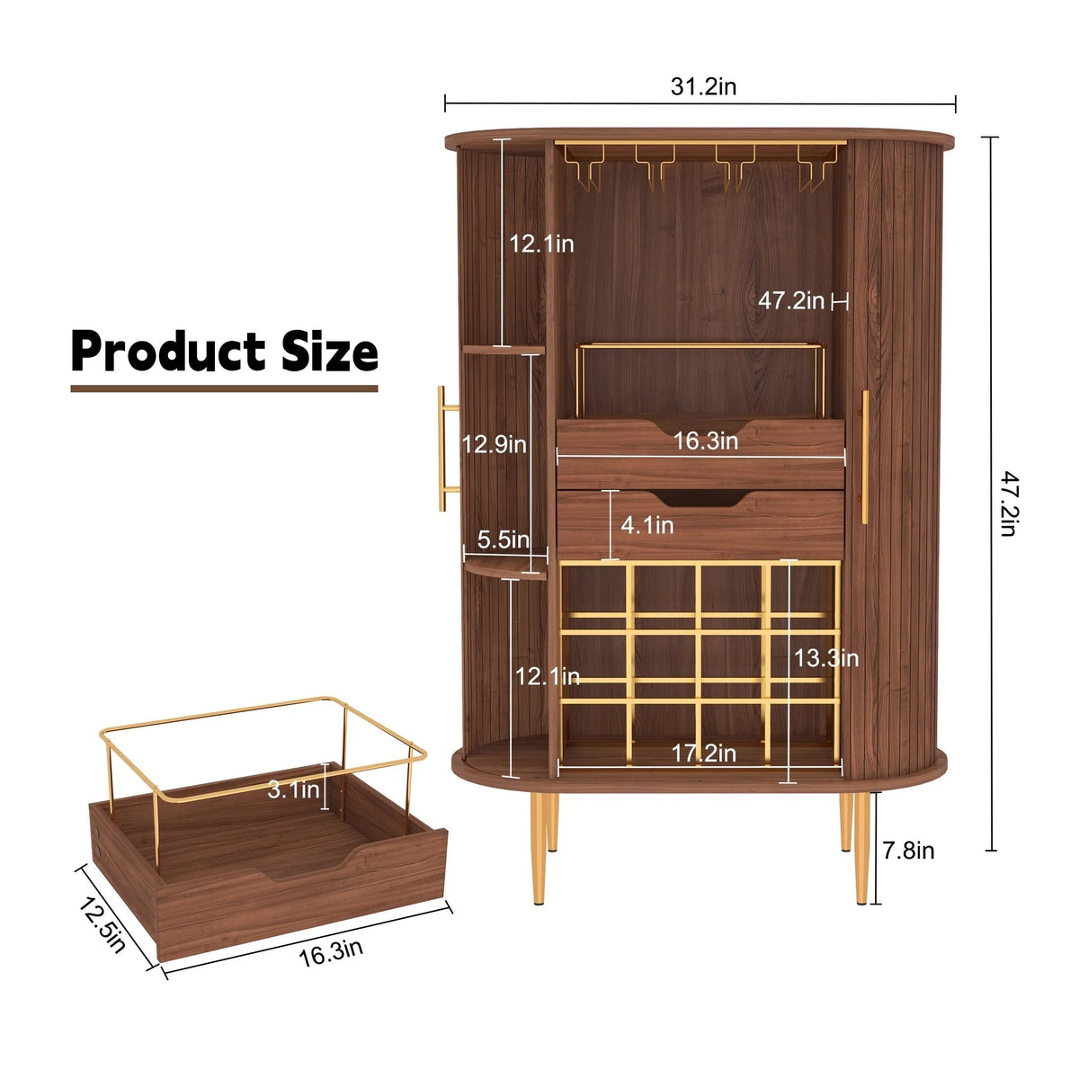 HLR Coffee Bar Cabinet With Tambour Door, 12-Bottle Wine Rack, 12-Glass Holder, Brown