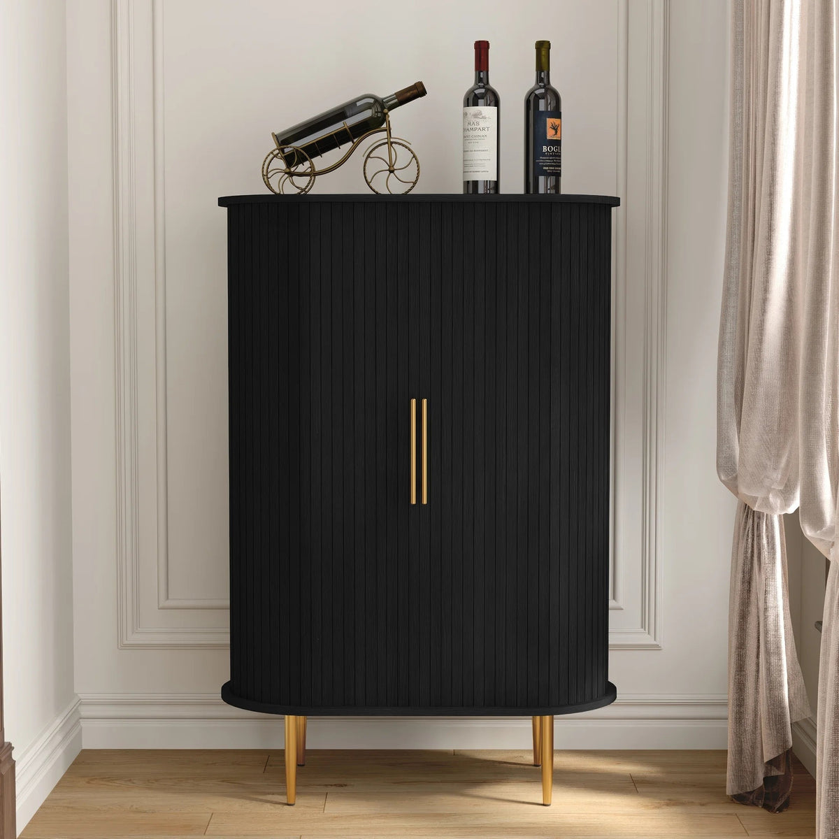 HLR Coffee Bar Cabinet With Tambour Door, 12-Bottle Wine Rack, 12-Glass Holder, Brown