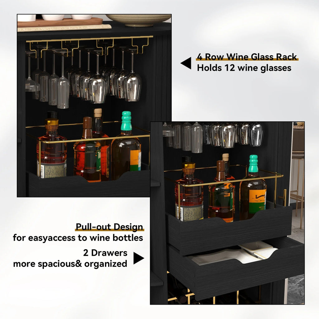HLR Coffee Bar Cabinet With Tambour Door, 12-Bottle Wine Rack, 12-Glass Holder, Brown