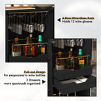 HLR Coffee Bar Cabinet With Tambour Door, 12-Bottle Wine Rack, 12-Glass Holder, Brown
