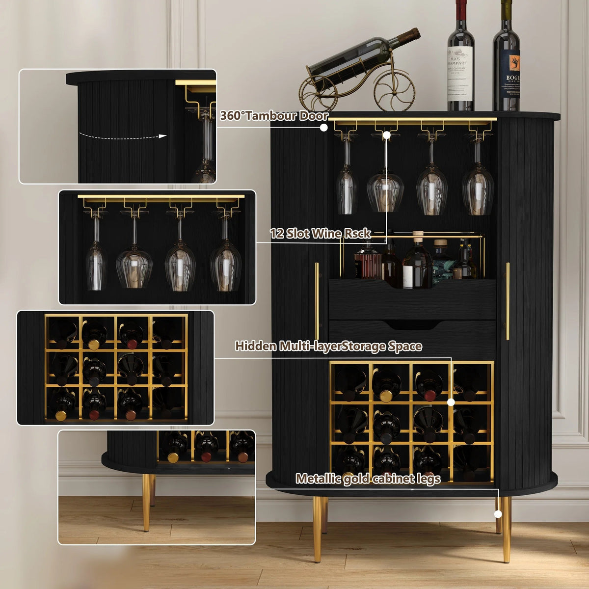 HLR Coffee Bar Cabinet With Tambour Door, 12-Bottle Wine Rack, 12-Glass Holder, Brown