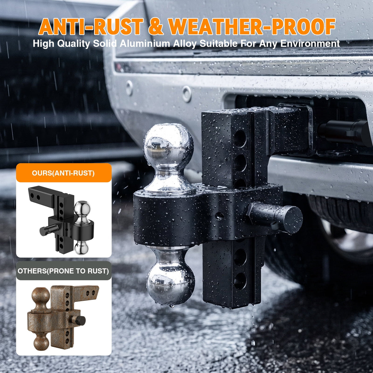 Adjustable Trailer Hitch, Fits 2" Receiver-Heavy Duty Aluminum Tow Hitches with 6-inch Drop/Rise for Truck (13,500 lbs GTW) - Weatherproof Double