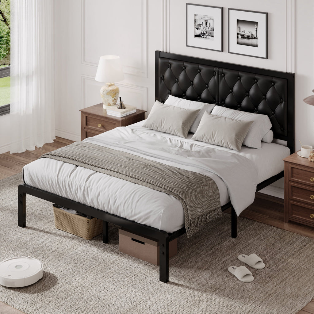 Lifezone Bed Frame with Upholstered Headboard, Queen, Metal Support, No Box Spring Needed, Modern Black