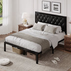 Lifezone Bed Frame with Upholstered Headboard, Queen, Metal Support, No Box Spring Needed, Modern Black