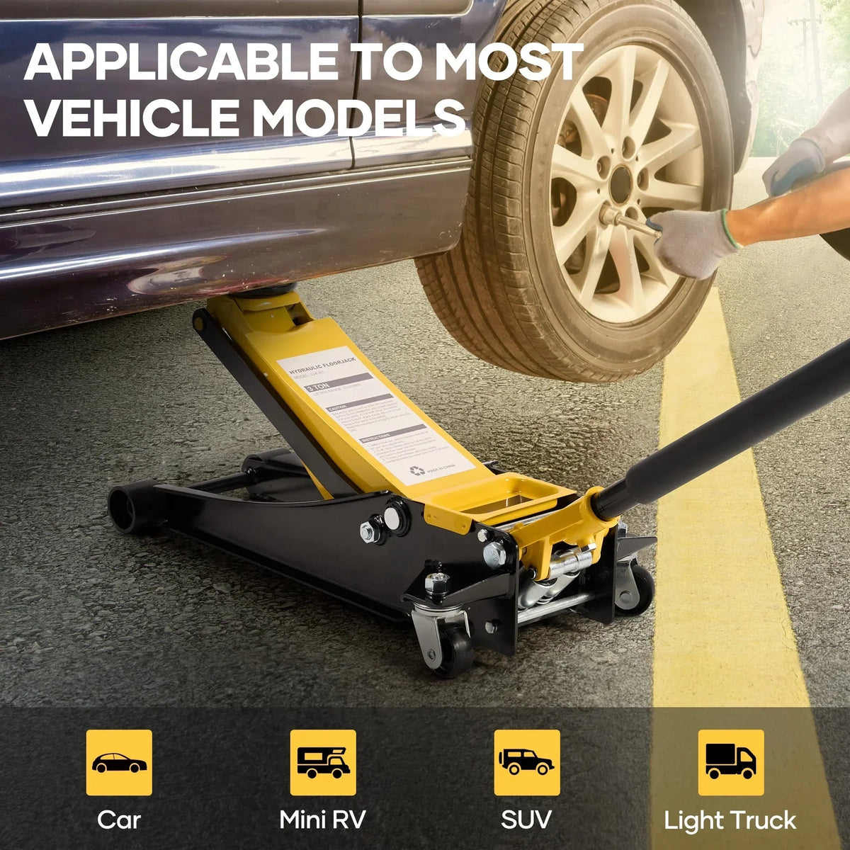 Naipo 3 Ton Low Profile Floor Jack, All Steel, 2.87in-19.69in, Yellow