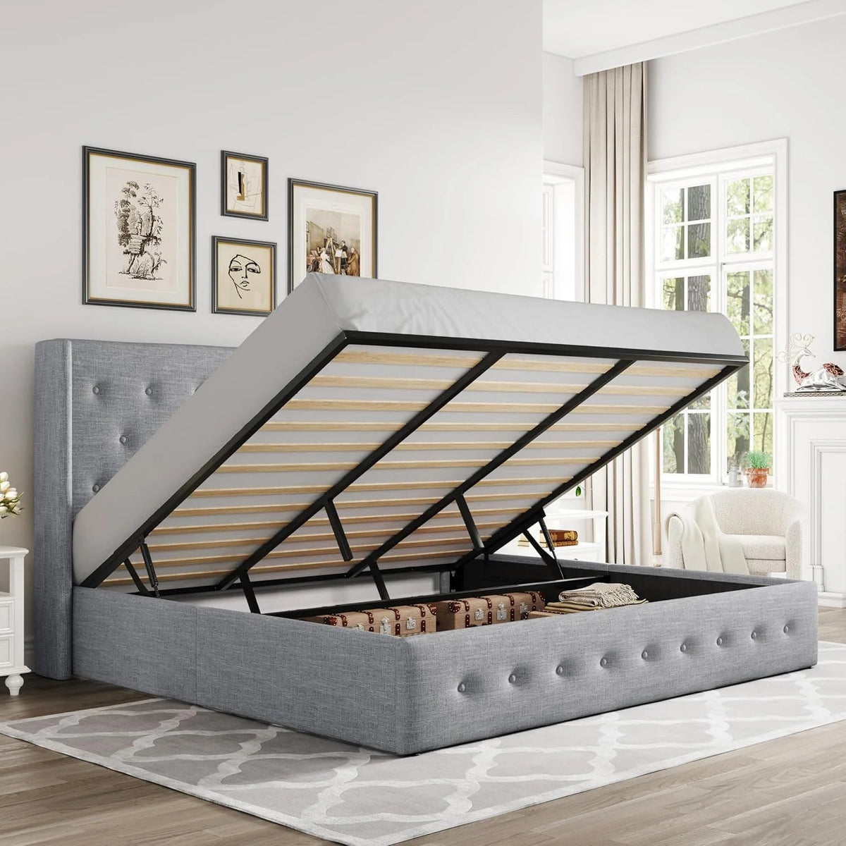 Allewie Queen Lift Up Storage Bed Frame With Wingback Headboard, Light Beige - 80.7 x 60.6 x 44.5 in