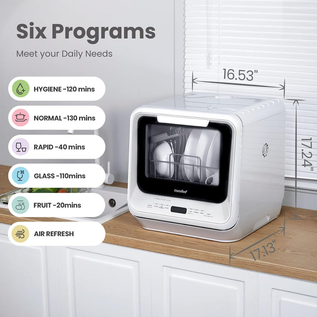 COMFEE' Portable Countertop Dishwasher, 5L Built-In Water Tank, 6 Programs, White - CDC17P0AWB