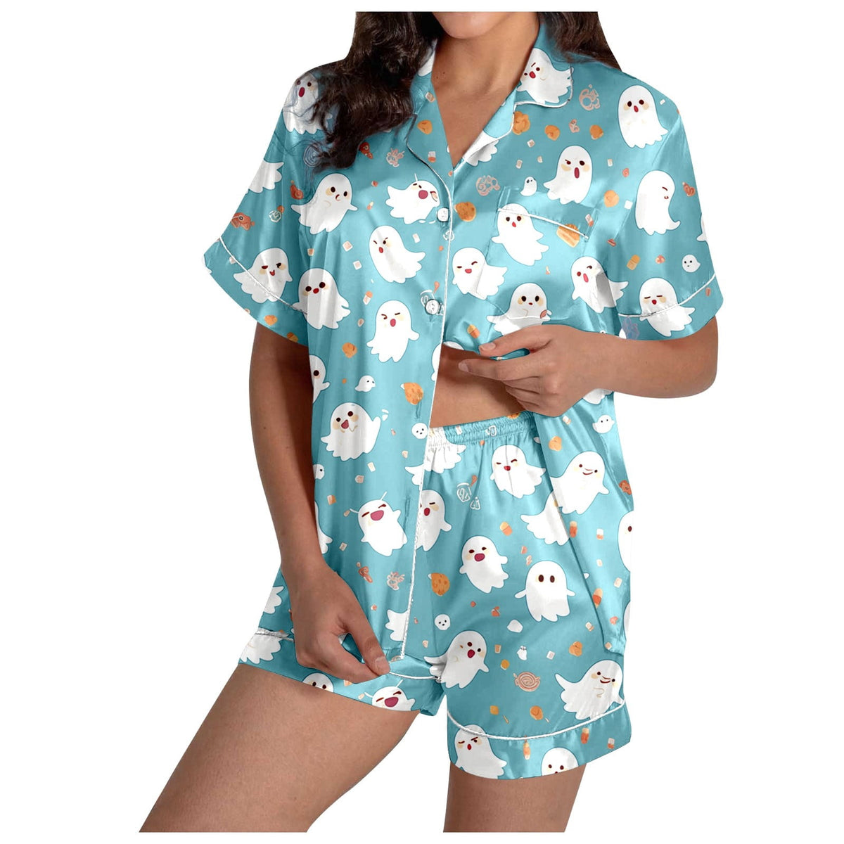 MEZZALL Women Halloween Printed Pajama With Lapel Collar Short Sleeve Tops And Shorts For Home Wear Cozy For Lightweight And Breathable Comfort Relaxed Fit 2 Piece Pjs