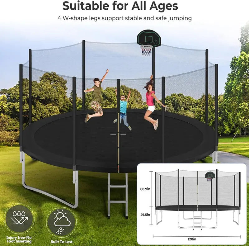 Trampoline With Enclosure Net And Adjustable Basketball Hoop - 8ft, 10ft, 12ft, 14ft, 15ft, 16ft