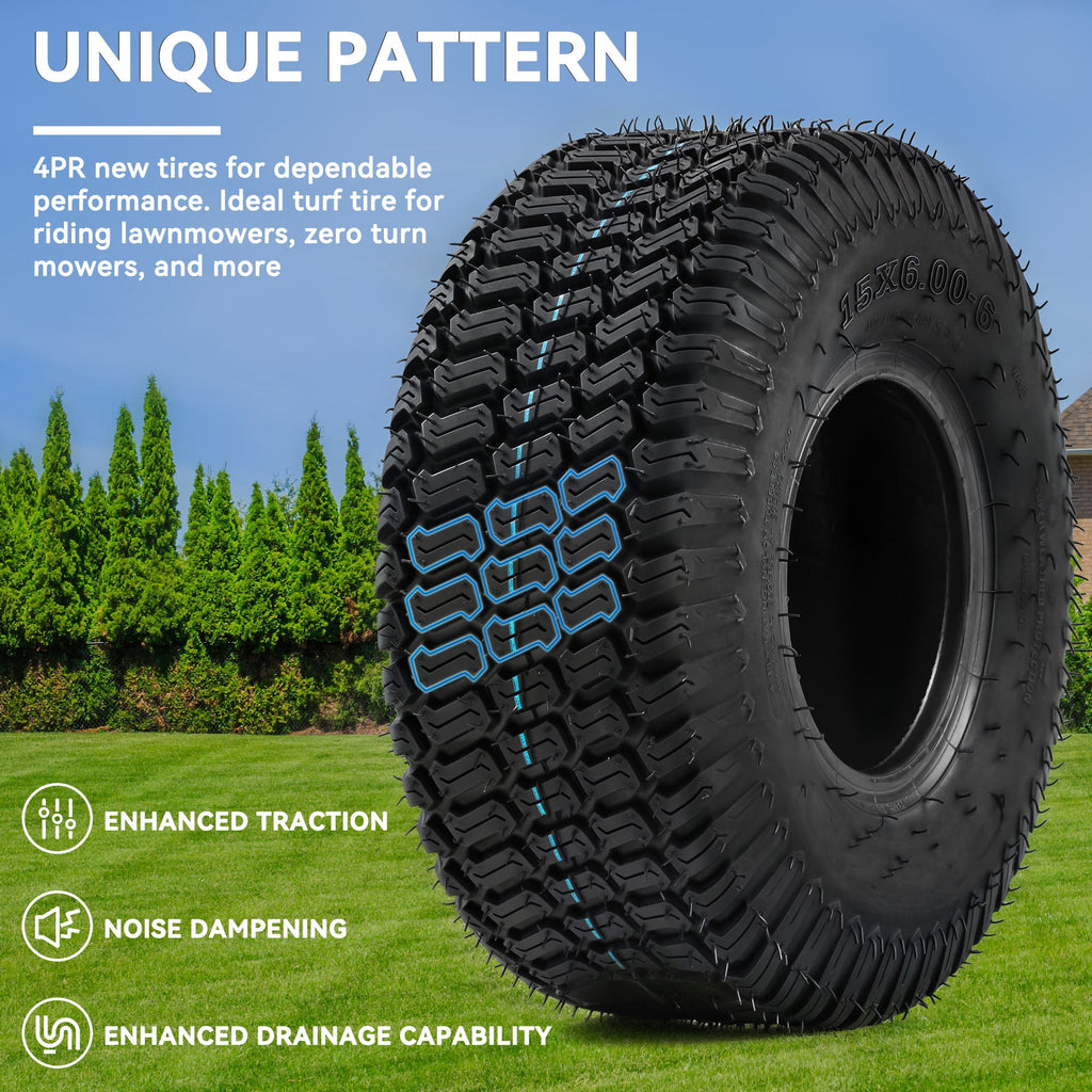 Uforic Set of 2 15x6.00-6 Lawn Mower Turf Tires, Heavy Duty 4 Ply Tubeless Replacement Tires, 570 LBS Max Load Capacity for Riding Lawn Tractors &