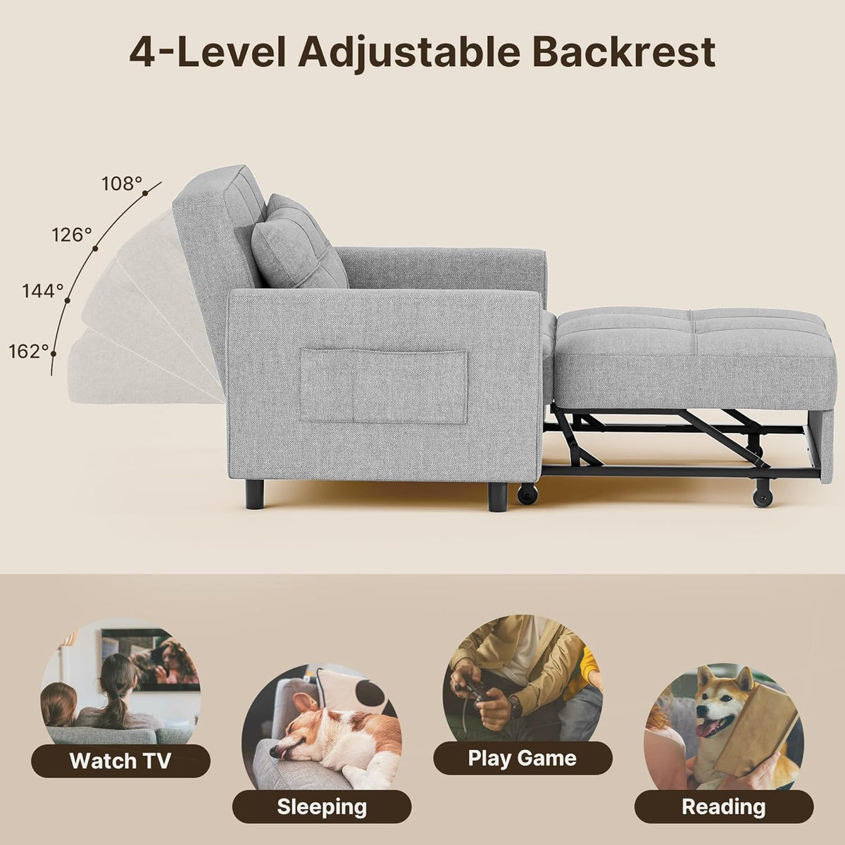 3-in-1 Convertible Pullout Sleeper Chair Bed - 75in x 26in x 17in