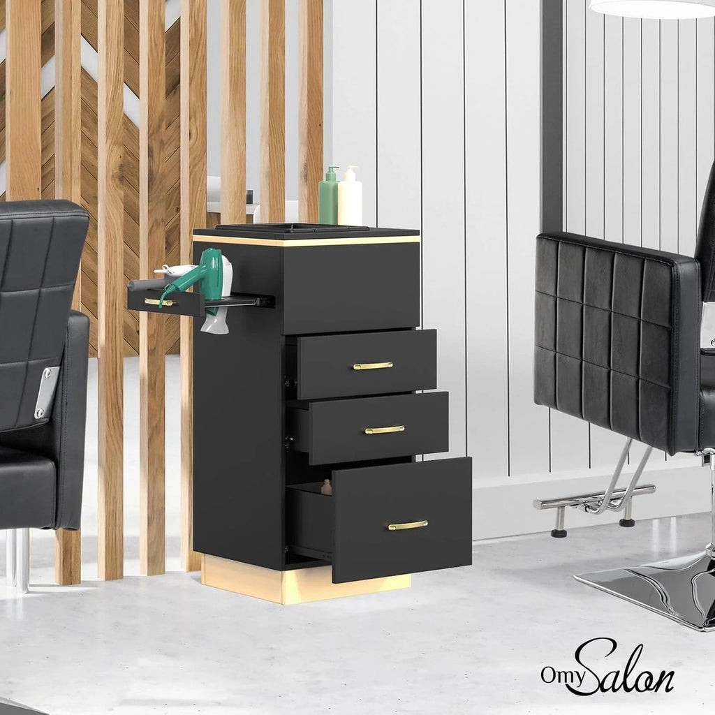 OmySalon Salon Storage Station With 3 Drawers, Storage Basin And 3 Hair Dryer Holders, White Gold - 17.7in D x 17.7in W x 38.1in H