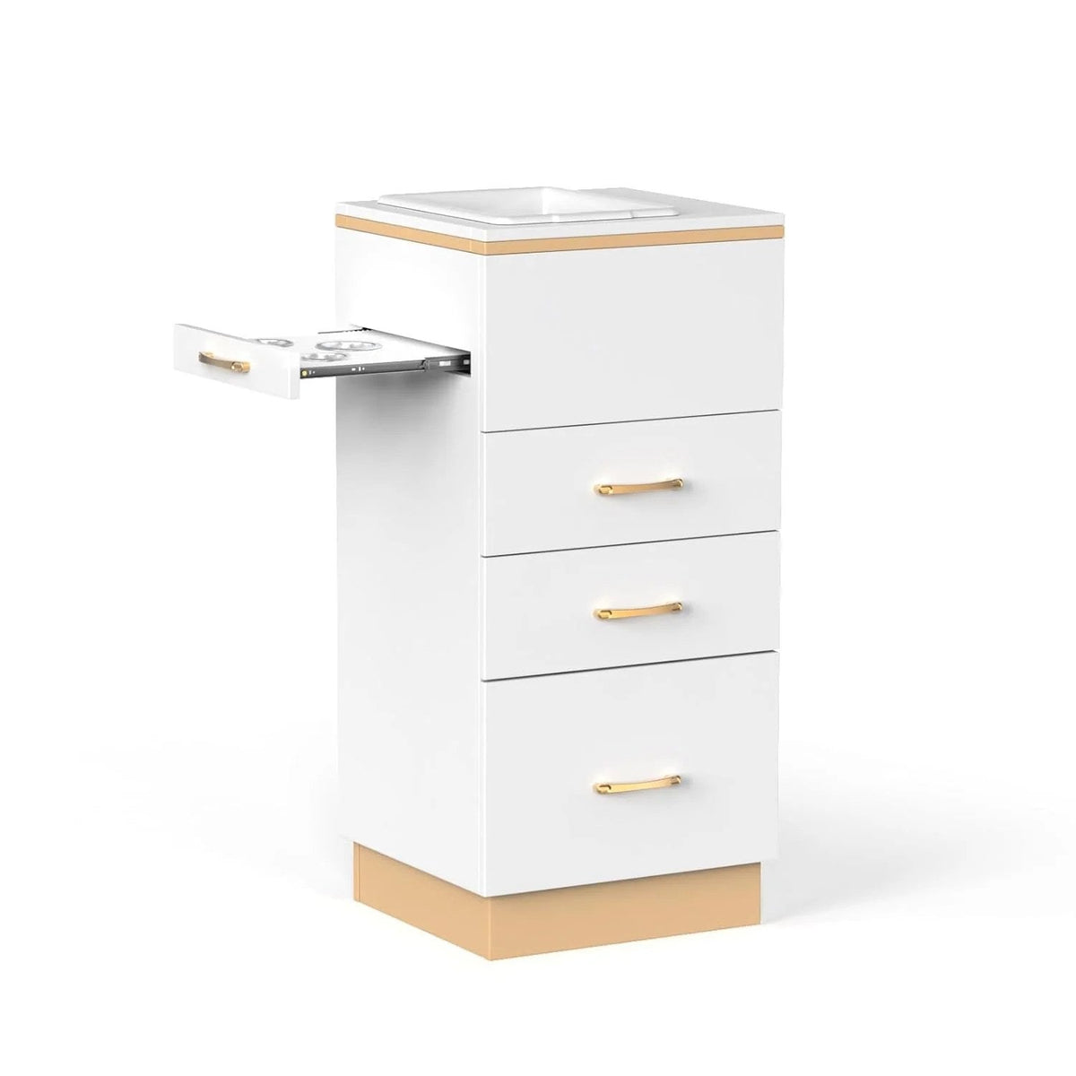OmySalon Salon Storage Station With 3 Drawers, Storage Basin And 3 Hair Dryer Holders, White Gold - 17.7in D x 17.7in W x 38.1in H