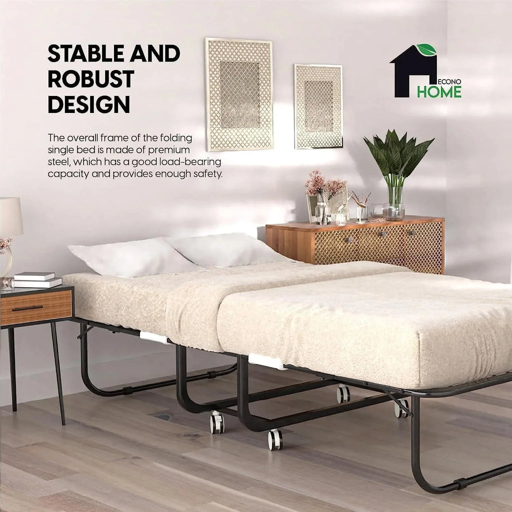 EconoHome Folding Bed With 5-Inch Memory Foam Cot Mattress, 75x31 - Portable Rollaway Bed