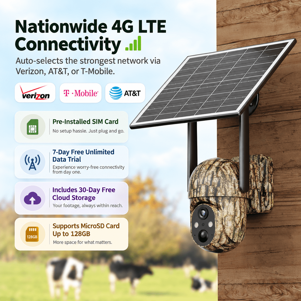 Conico 4G LTE Solar Trail Camera, 360° PTZ Game Camera for Hunting & Outdoor Security, No WiFi, 2K Night Vision