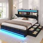 Queen Upholstered Platform Bed Frame With LED Headboard, 12 Storage Drawers And Charging Station - Black