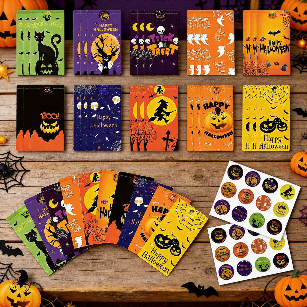 AGCAN 40 Pcs Halloween Treat Bags, Paper Goodie Bag with 48 Stickers, 10 Design, Party Favor Bags for Gifts, Halloween, Party