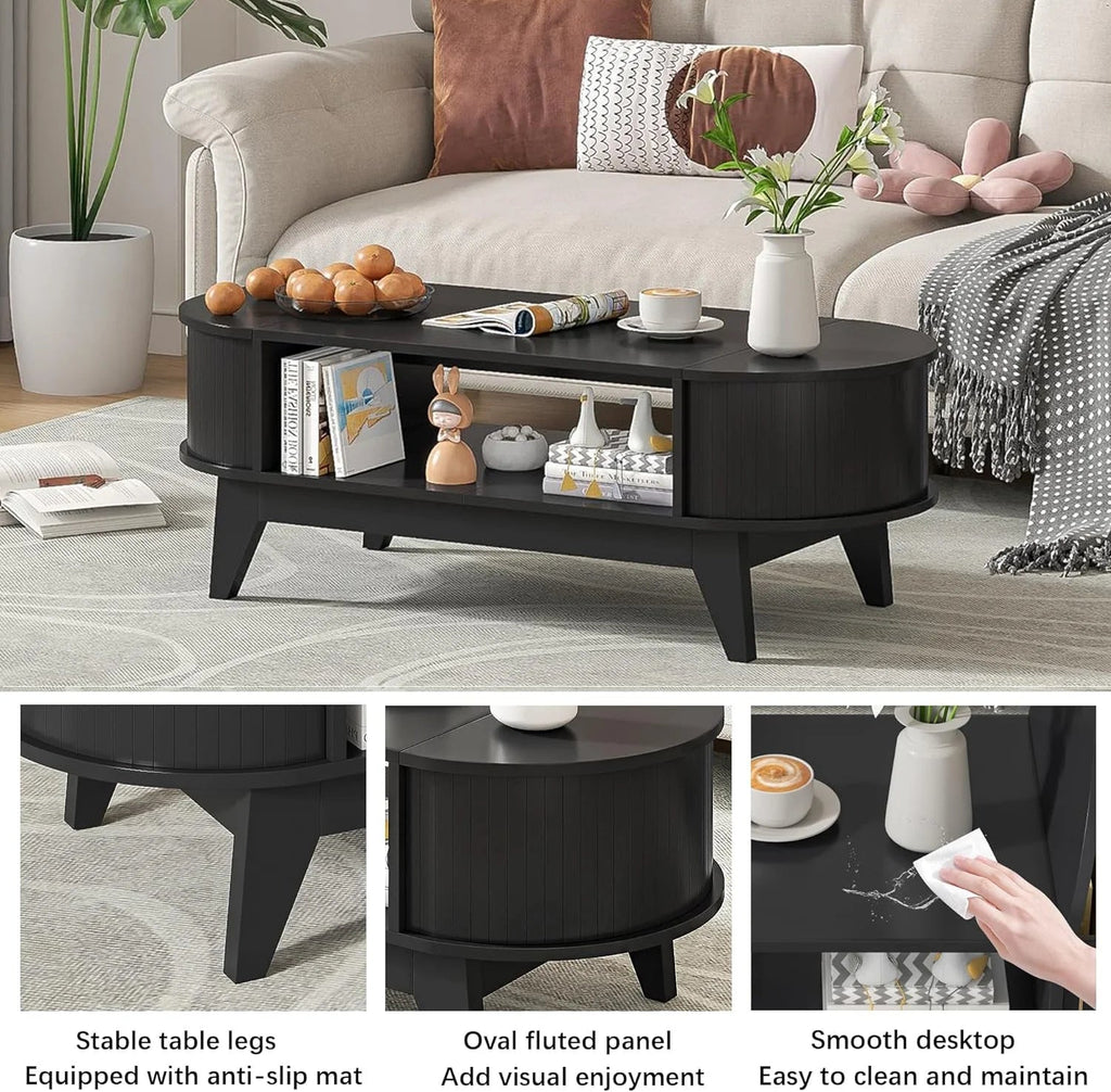 Fluted Oval Coffee Table With Storage, 46.45 x 19.68 x 15.94 in