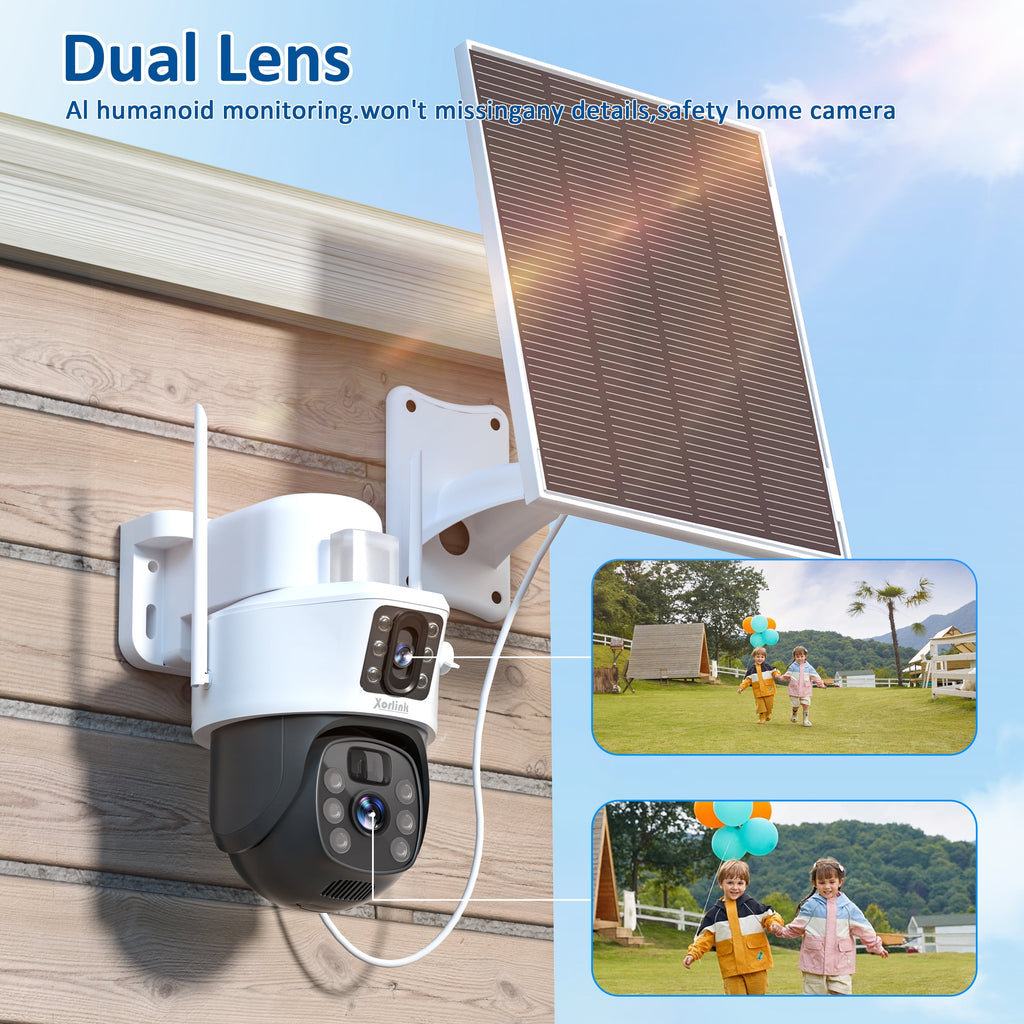Xorlink 4K/8MP Solar Security Camera, 360° View Wireless Outdoor Camera, Waterproof PIR Detection, Rechargeable Battery Powered Home Dual Lens