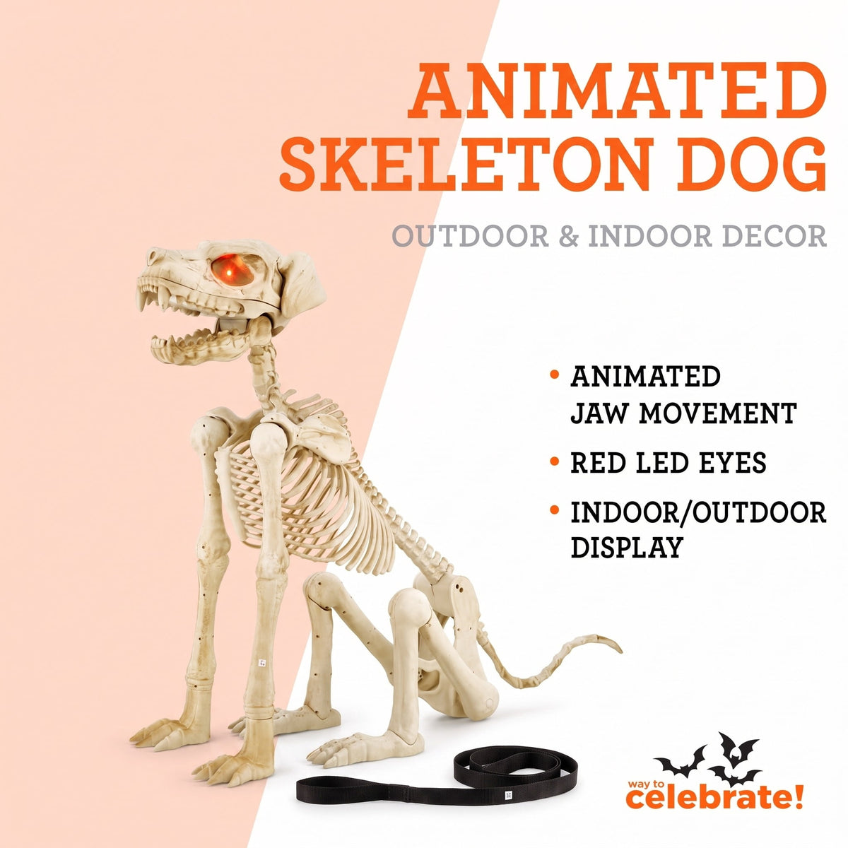 Way To Celebrate Animated Skeleton Dog Halloween Decoration, Beige, 60 in
