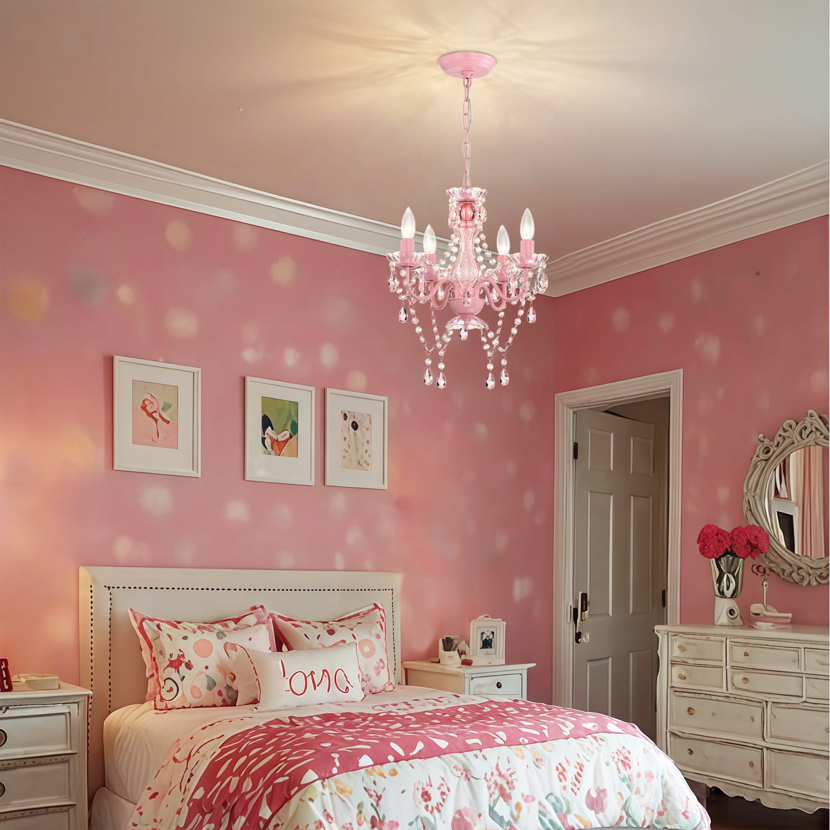 Small Pink Chandelier, 4-Light Acrylic Crystal Ceiling Lights for Girls Bedroom, Nursery, Playroom