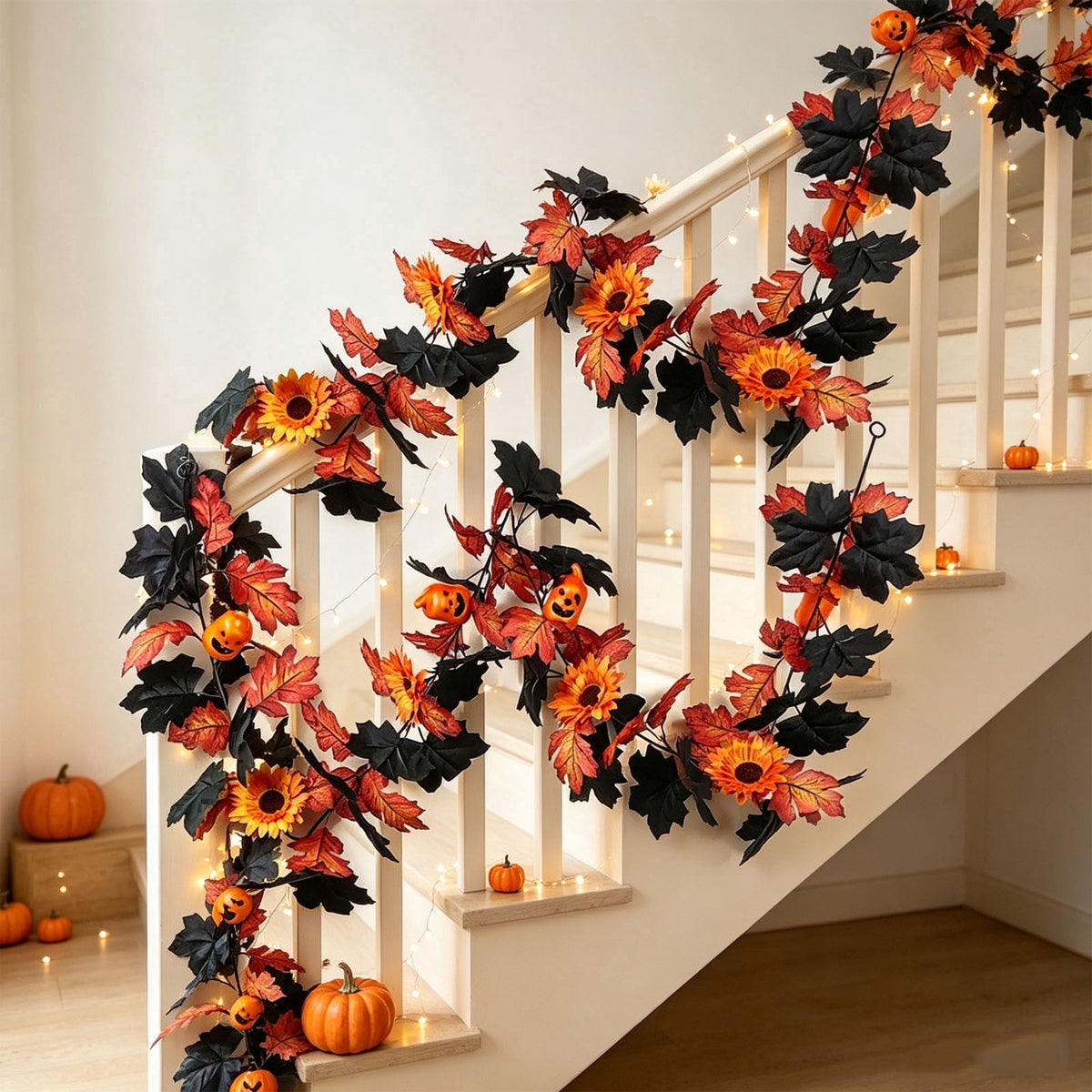 Halloween Pumpkin Garland - 68" Fall Leaf Decor for Mantle, Staircase & Porch, Outdoor/Indoor Autumn Thanksgiving Party Decoration (Multicolor)