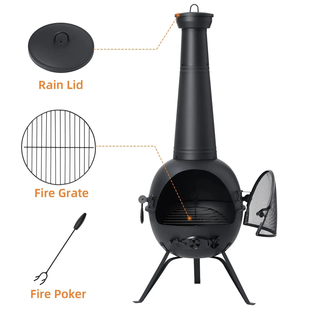 SinglyFire Outdoor Wood-Burning Cast Iron Chiminea Fireplace With Cover Rain Lids - Black