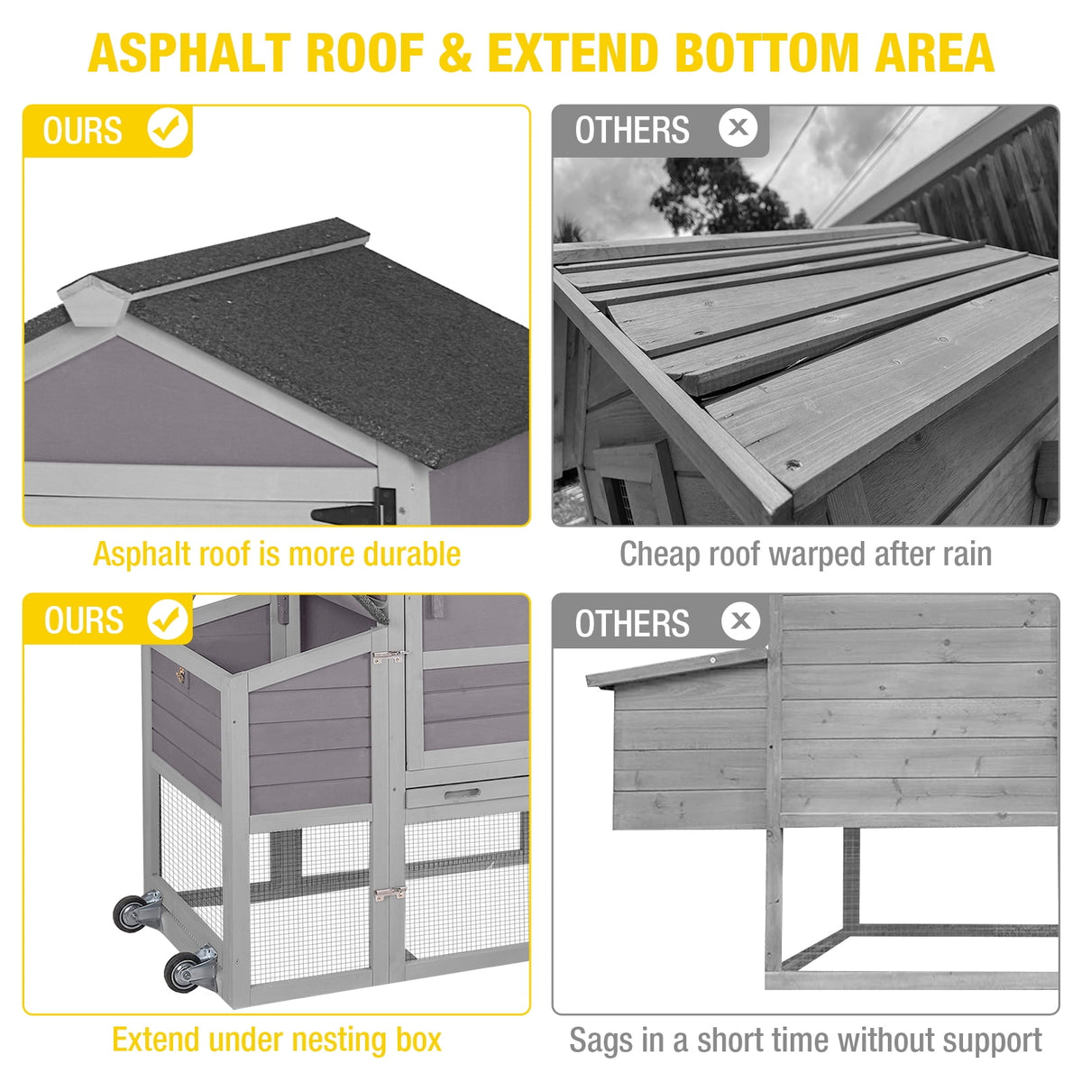 Aivituvin 82.4" Chicken Coop with Wheels, Large Hen House with Run, Chicken Cage for 4-6 Chickens, Weatherproof Asphalt Roof, Nesting Box & Pull-Out