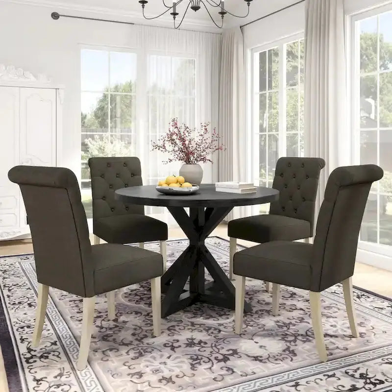Rustic Wooden 5-Piece Dining Set With Round Cross-Buck Pedestal Table And 4 Tufted Upholstered Chairs - 47.25 x 47.25 x 31.50 in