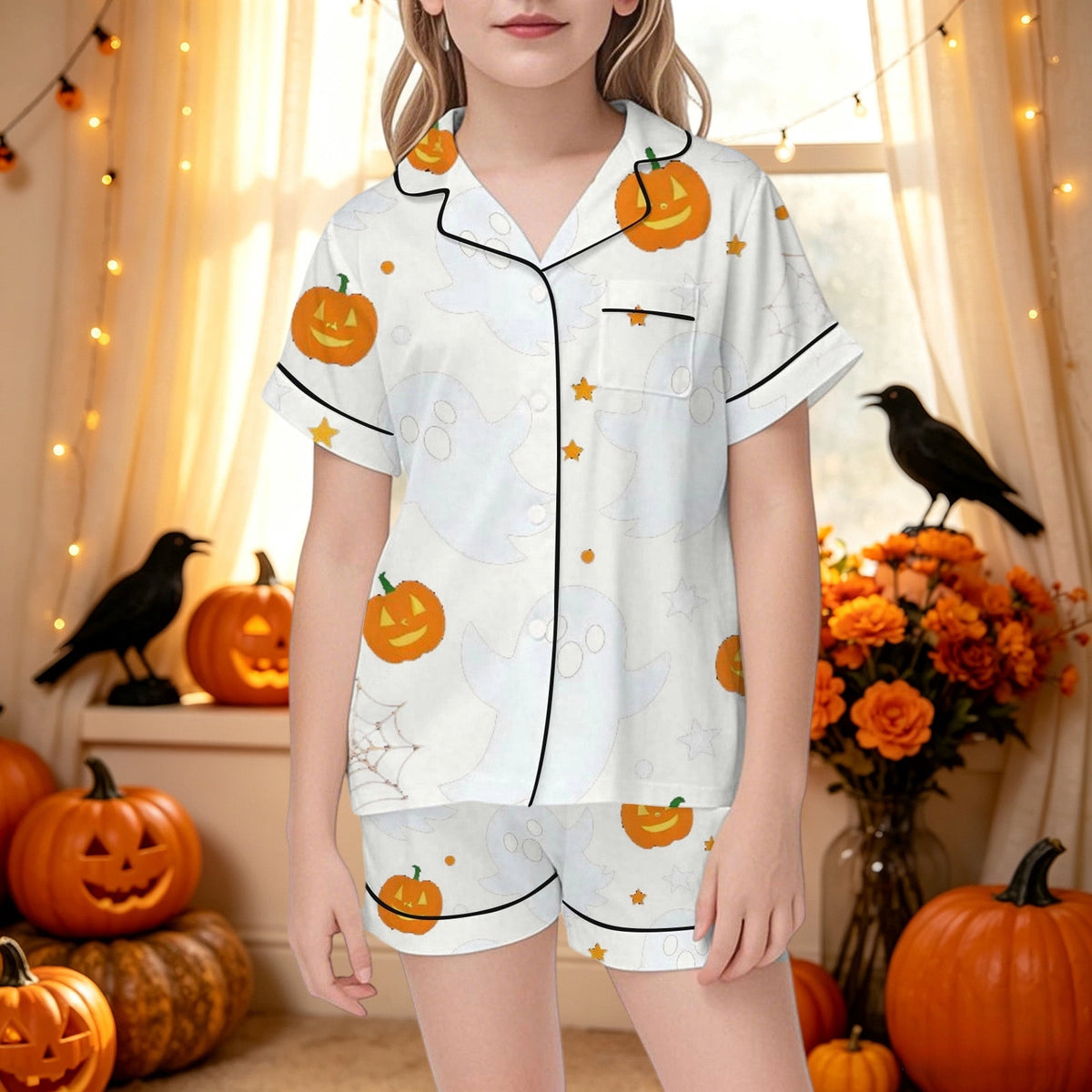 CUZIBR Girls Halloween Pajamas Sets Soft Comfortable Ghost Pumpkin Lapel Button Short Sleeve Shirt Elastic Waist Shorts 2 Pieces Sleep Loungewear Relaxed Sleepwear Outfits, Orange-C