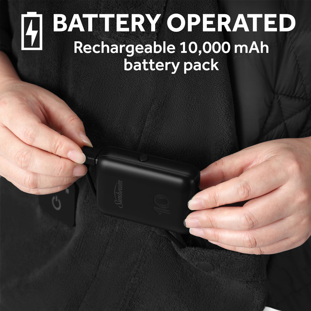 Sunbeam Cordless Rechargeable Heated Electric Wearable Throw Blanket with Hood, Black, 4 Heat Settings, 50 x 66 in