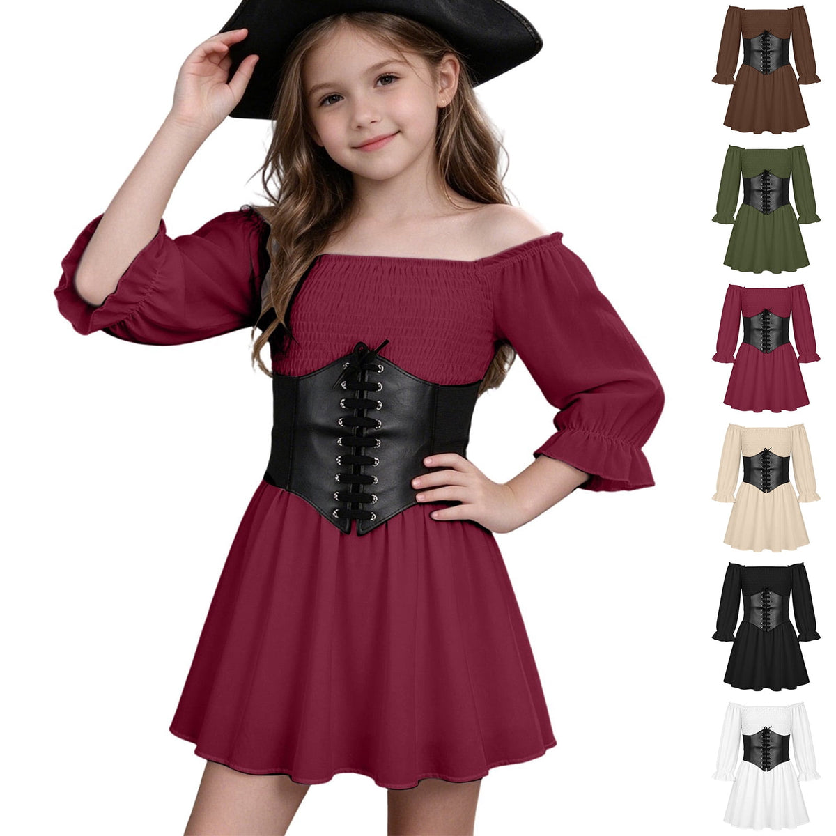 Kids Off the Shoulder Pirate Dresses with Sash Two Piece Set Pirate Costume Halloween Cosplay Halloween Costume Kids Size 4-14 Years