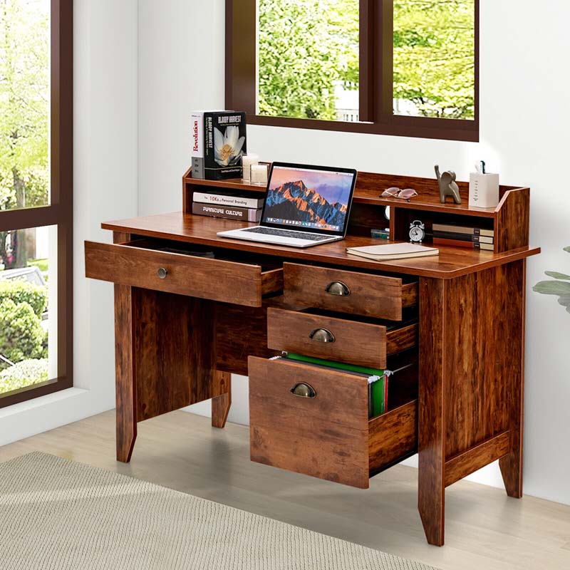 Computer Desk With 4 Storage Drawers And Hutch, 48in x 22in x 36.5in - Rustic Brown