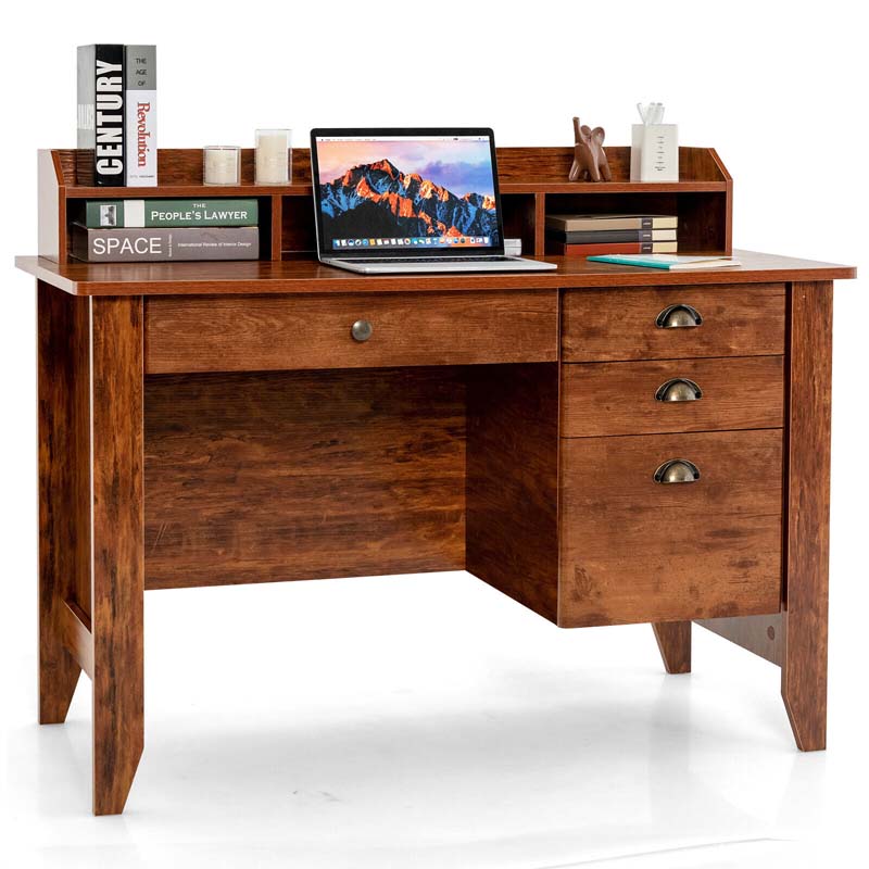 Computer Desk With 4 Storage Drawers And Hutch, 48in x 22in x 36.5in - Rustic Brown
