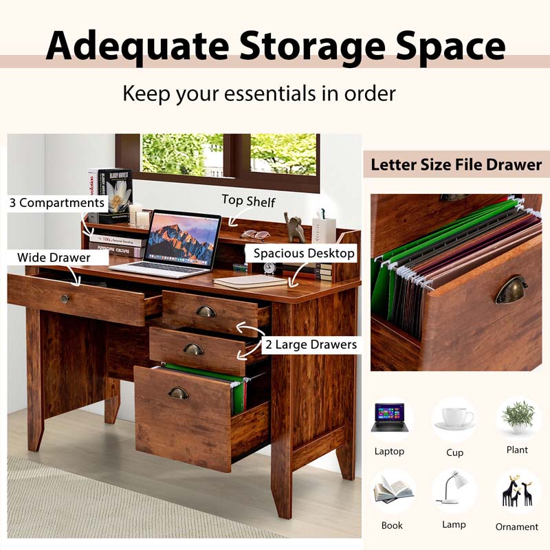 Computer Desk With 4 Storage Drawers And Hutch, 48in x 22in x 36.5in - Rustic Brown