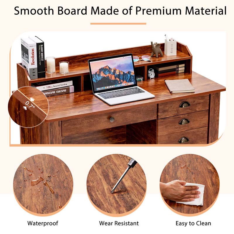 Computer Desk With 4 Storage Drawers And Hutch, 48in x 22in x 36.5in - Rustic Brown