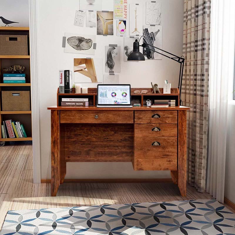 Computer Desk With 4 Storage Drawers And Hutch, 48in x 22in x 36.5in - Rustic Brown