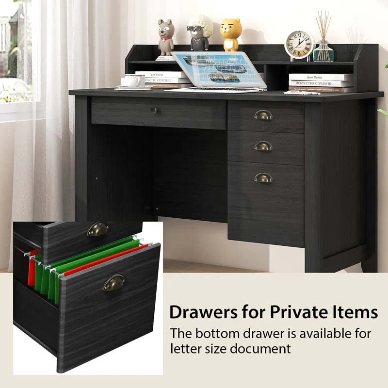 Computer Desk With 4 Storage Drawers And Hutch, 48in x 22in x 36.5in - Rustic Brown