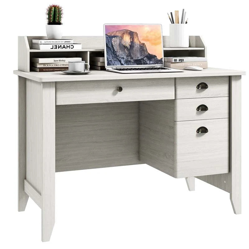 Computer Desk With 4 Storage Drawers And Hutch, 48in x 22in x 36.5in - Rustic Brown