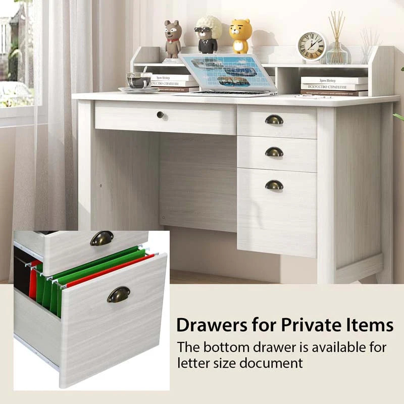 Computer Desk With 4 Storage Drawers And Hutch, 48in x 22in x 36.5in - Rustic Brown