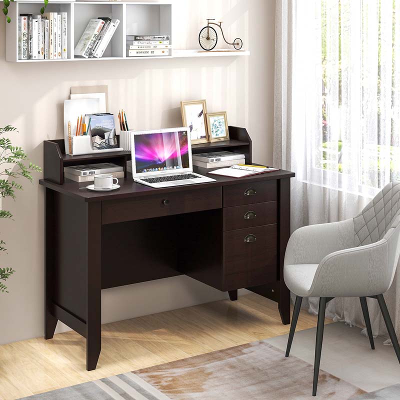 Computer Desk With 4 Storage Drawers And Hutch, 48in x 22in x 36.5in - Rustic Brown
